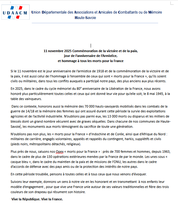 Message de l’UDAACM du 11 Novembre 2025