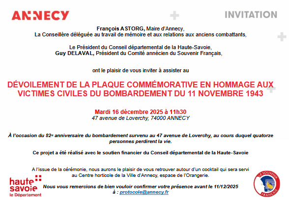 Inauguration et dévoilement de la plaque commémorant le souvenir des victimes civiles du bombardement quartier de Loverchy