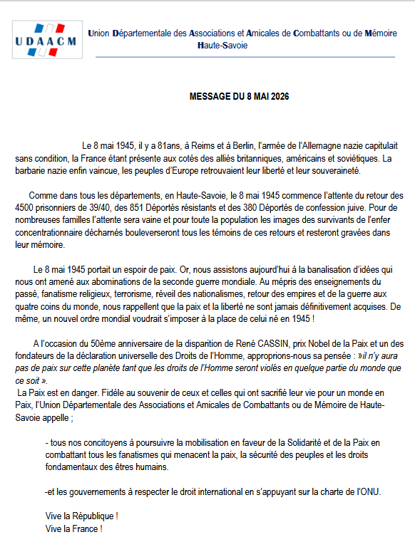 Message de L’UDAACM du 8 mai 2026