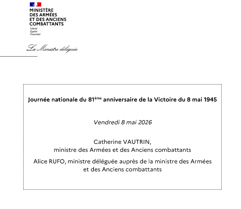 MESSAGE du 8 Mai 2026 de Mme&nbsp;la Ministre des Armées et des Anciens Combattants 