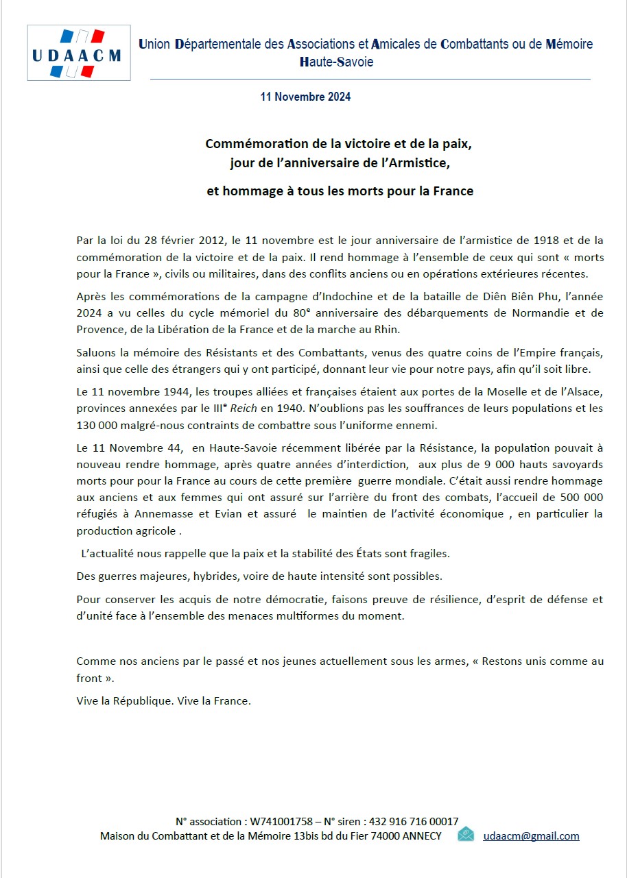 Commémoration de la victoire et de la paix, jour de l’anniversaire de l’Armistice, et hommage à tous les morts pour la France